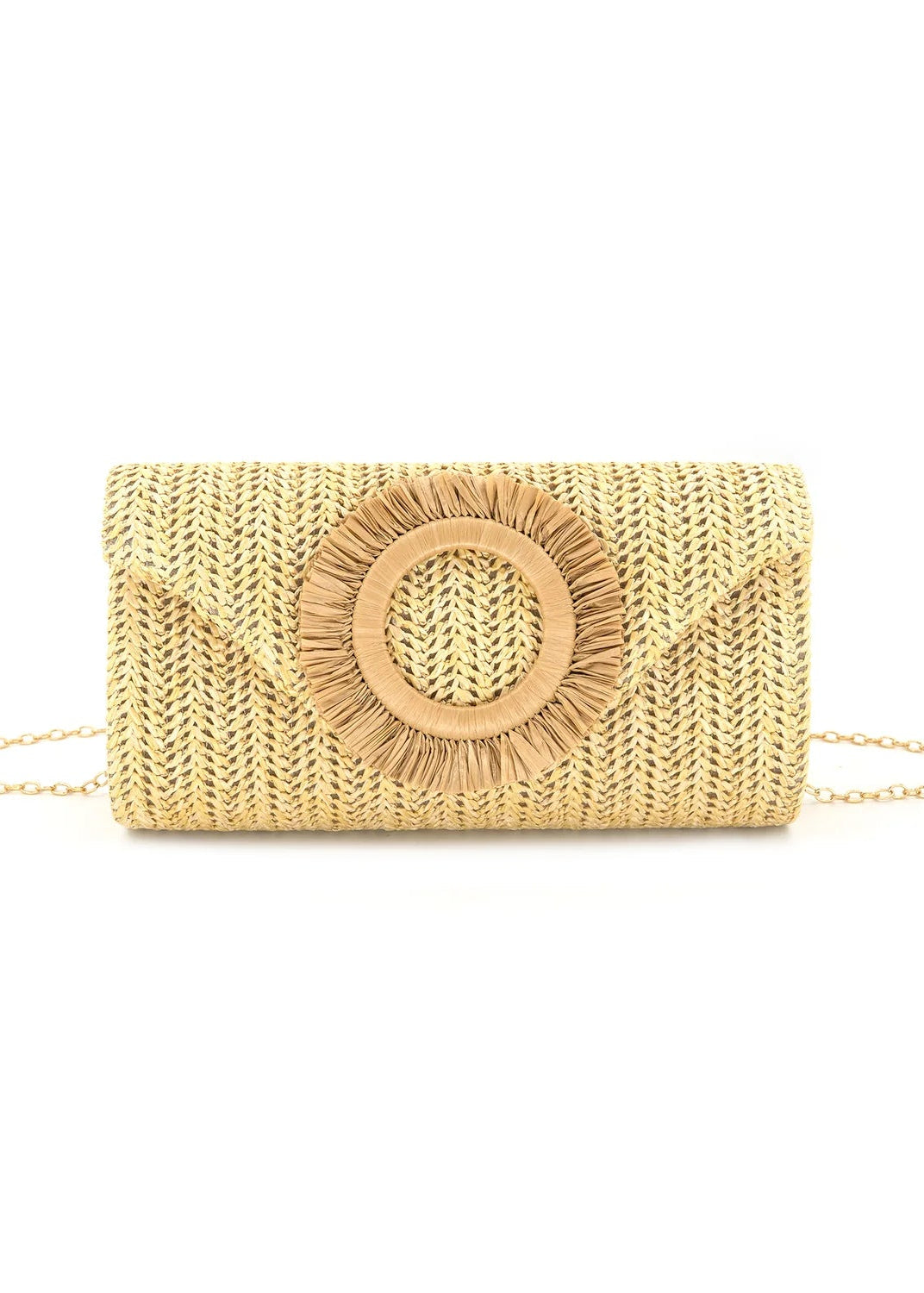 Beige woven clutch bag with a circular design on a white background