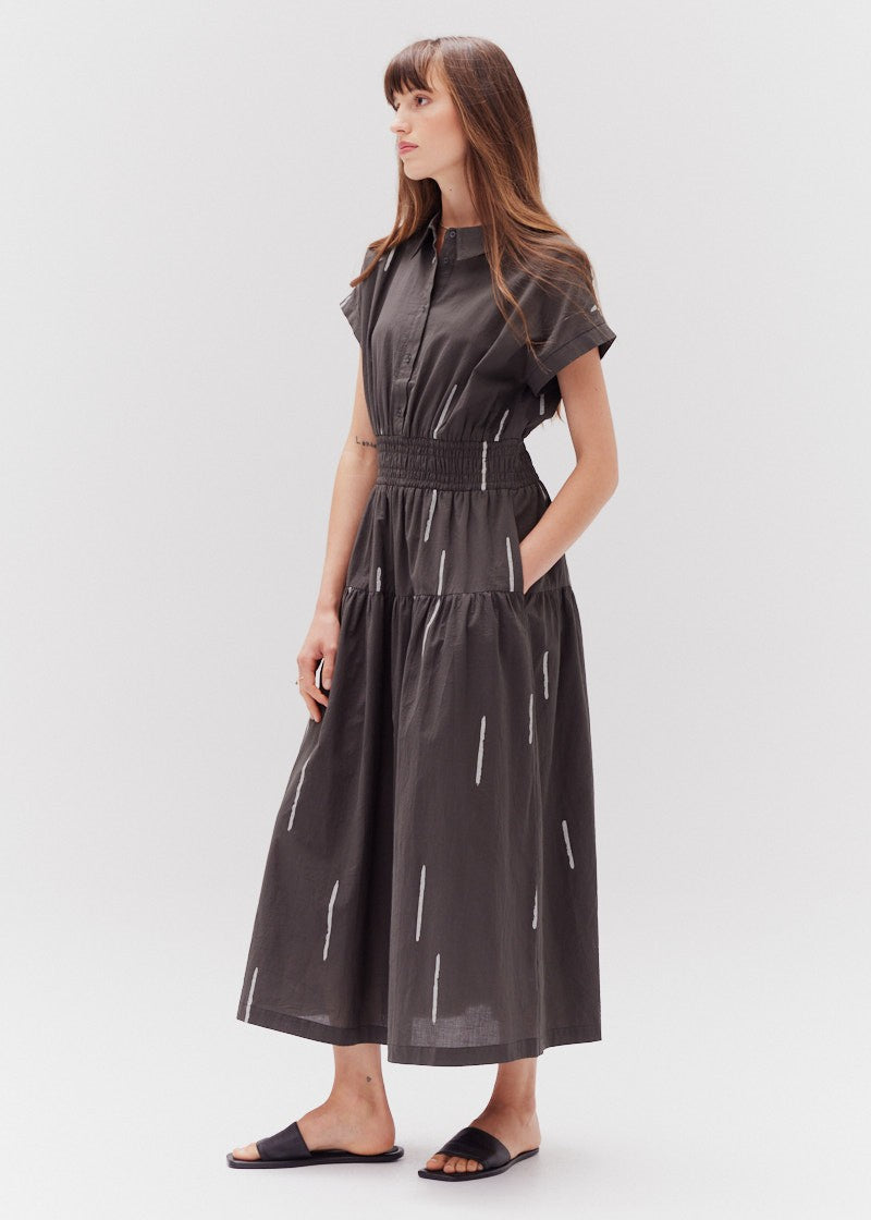 GRADE & GATHER COTTON PRINT SHIRT DRESS – MATCHSTICK PRINT MIDI WITH COLLAR AND STRETCHY WAISTBAND
