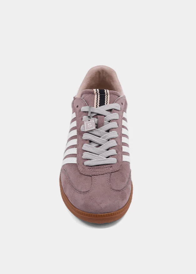 SHU SHOP STEVIE TAUPE SUEDE SNEAKER – A MODERN TAKE ON VINTAGE STYLE WITH CRISP STRIPES AND GUM SOLE FINISH