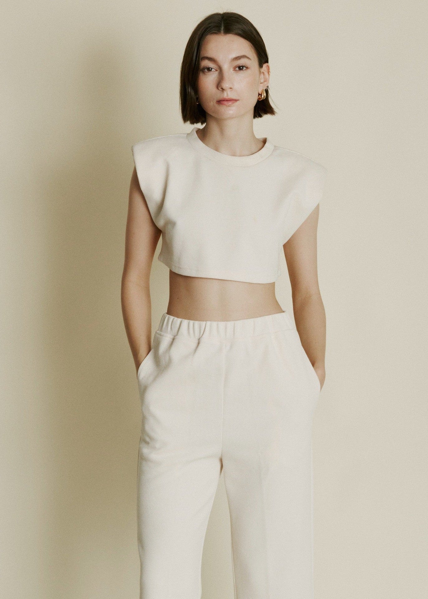 AUREUM WAFFLE KNIT CROPPED PADDED TOP, IVORY COLOR, SHOULDER PADS