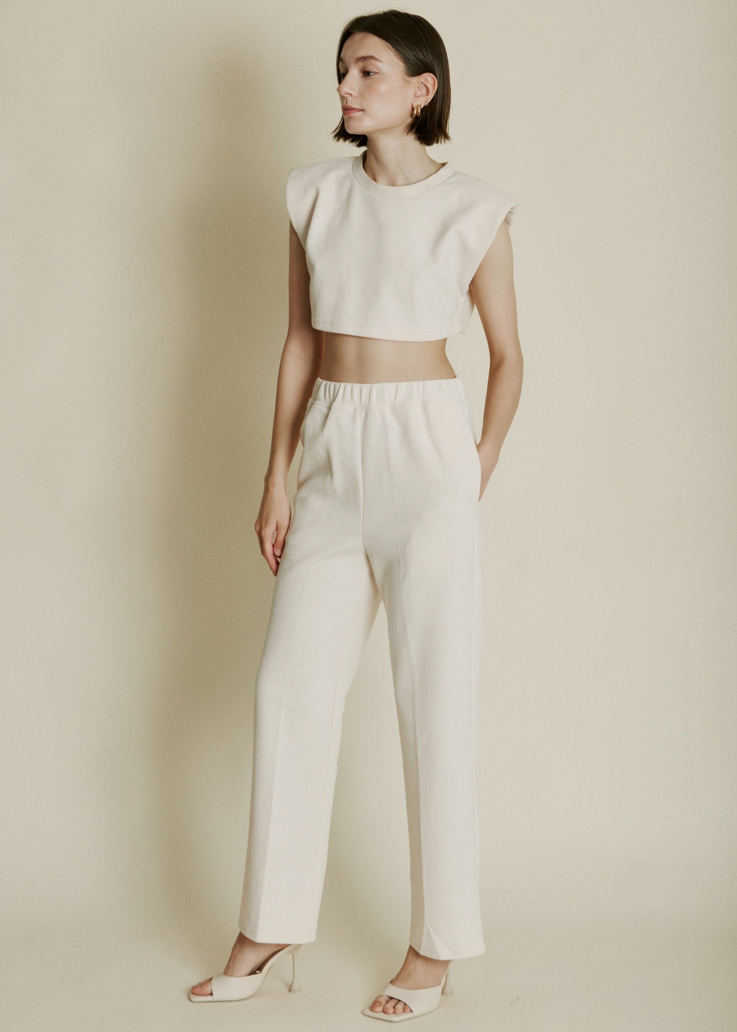 AUREUM WAFFLE KNIT CROPPED PADDED TOP, IVORY TOP