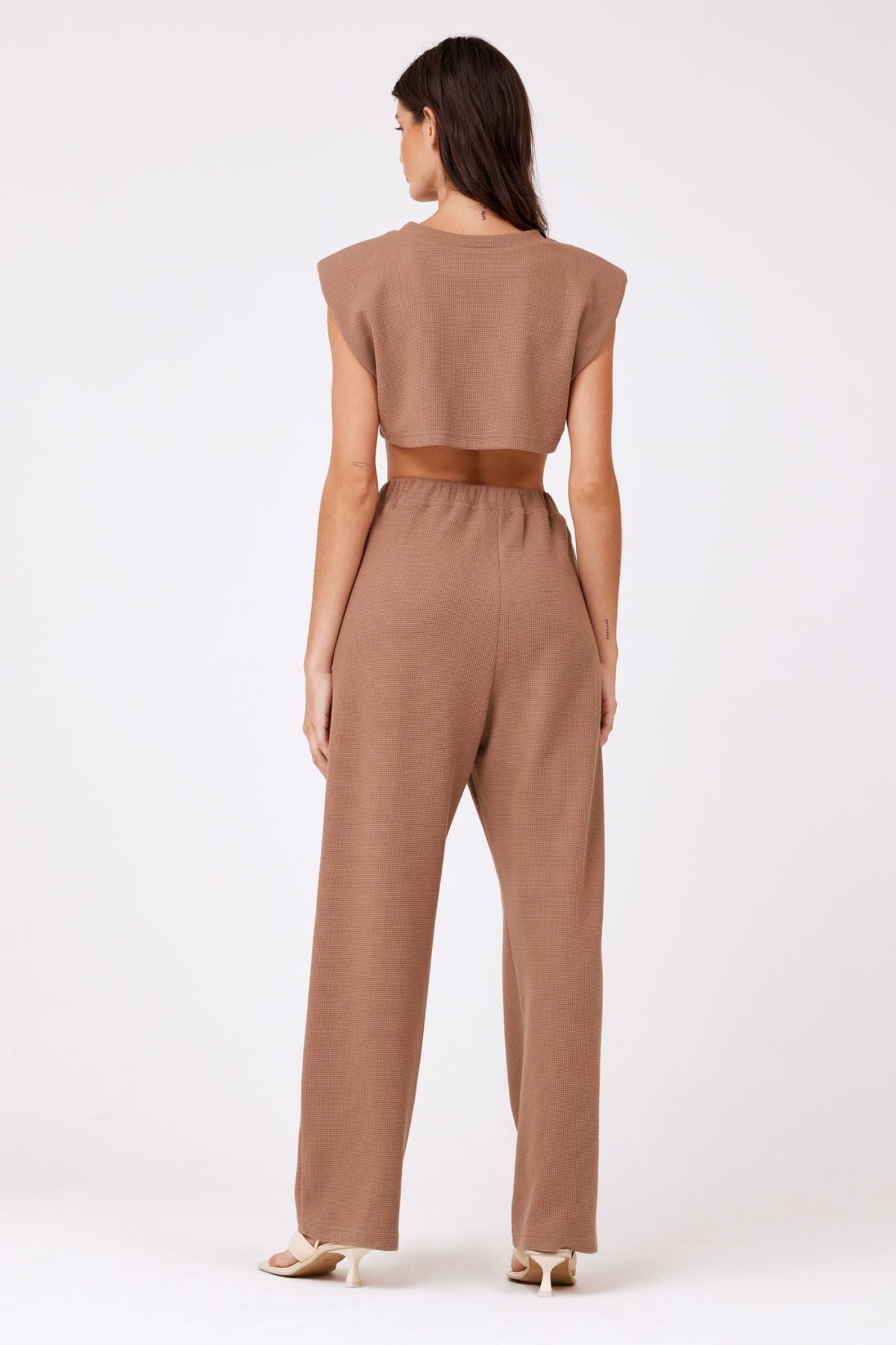 AUREUM WAFFLE KNIT CROPPED PADDED TOP, TAUPE COLOR, TRENDY, COMFY, FLATTERING TOP