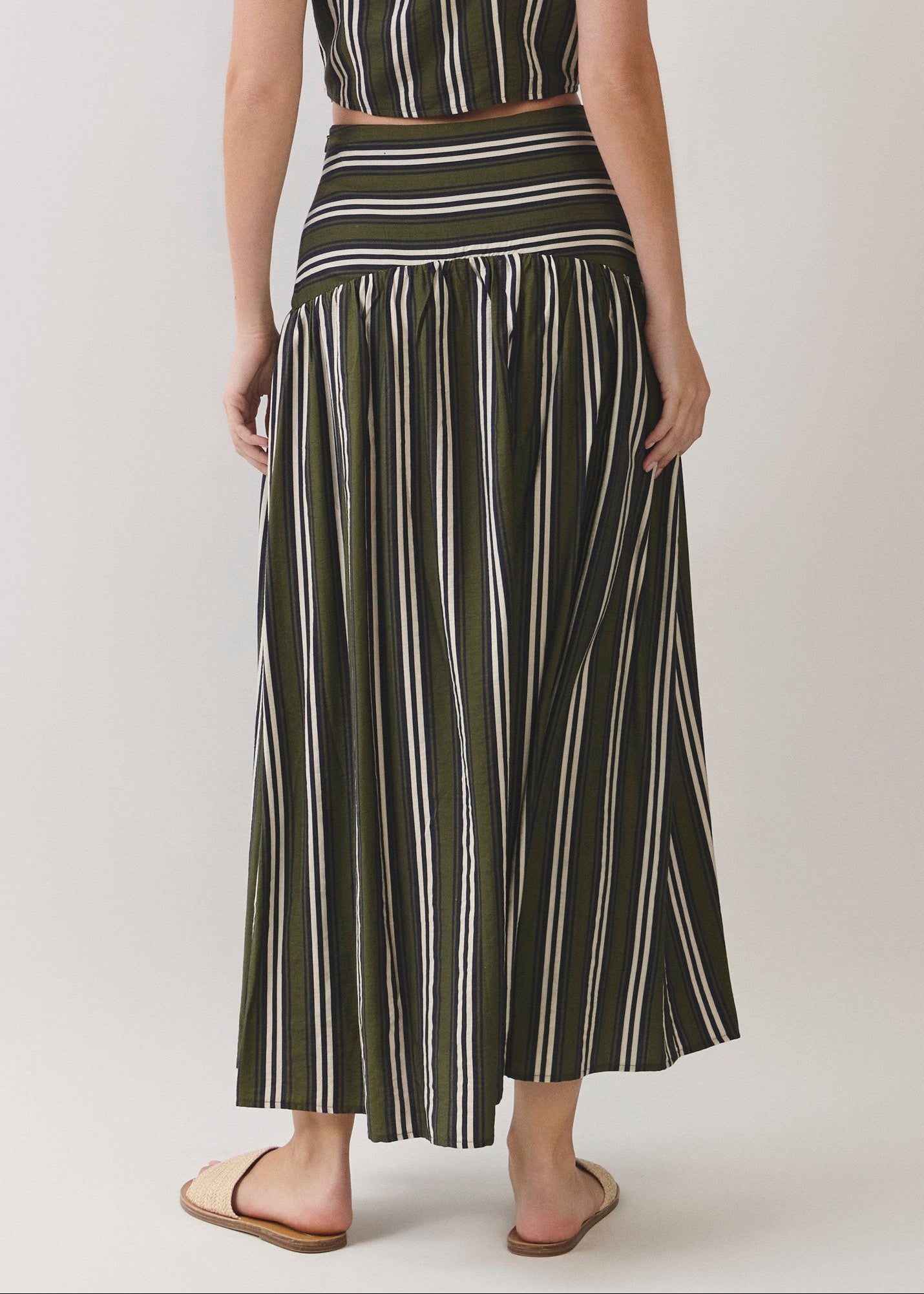 OLIVE STRIPED RUCHED DROP-WAIST MAXI SKIRT