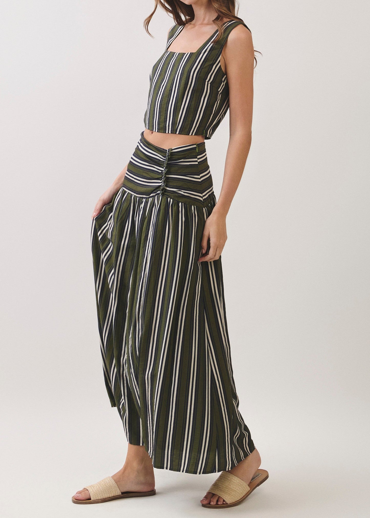 OLIVE STRIPED SQUARE-NECK CROP TOP