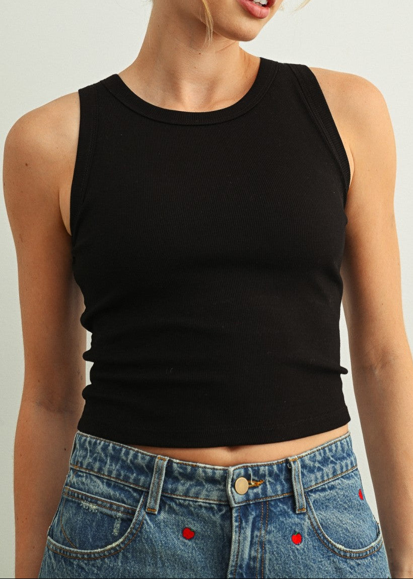 BLACK SLEEVELESS RIBBED TANK TOP