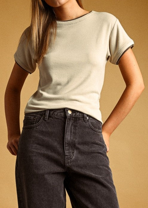 TAN DOUBLE LAYERED LOOK SHORT SLEEVE TOP