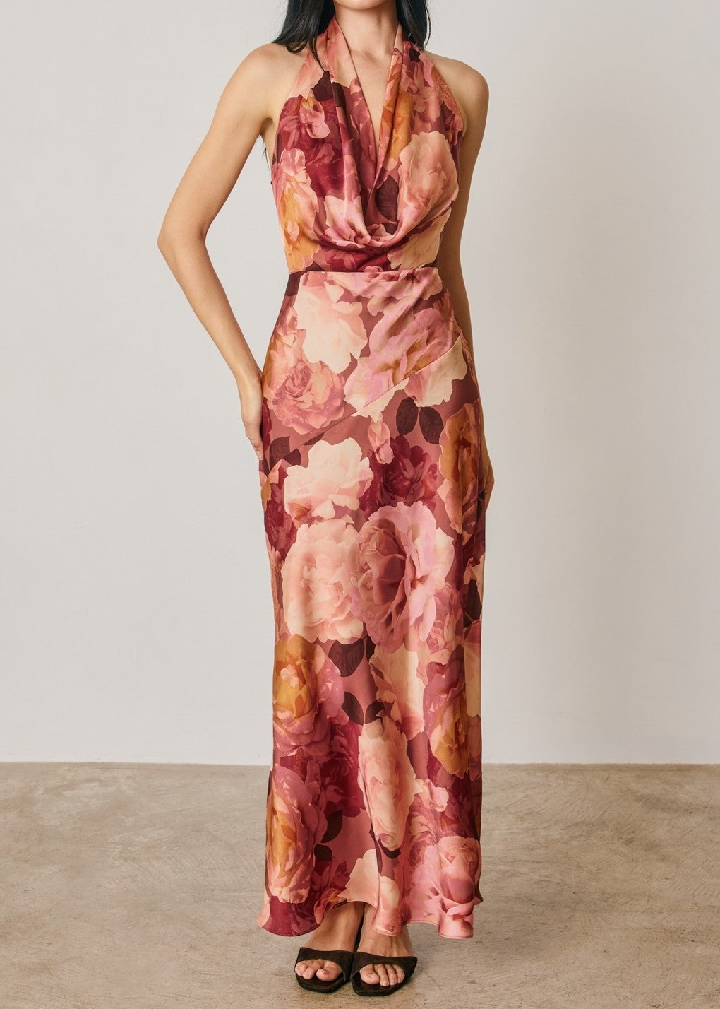 FLORAL HALTER OPEN-BACK MAXI DRESS