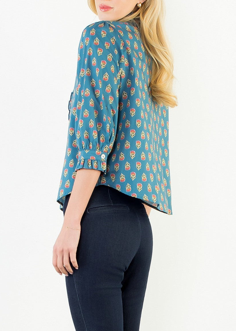 TEAL FLORAL PRINT RUFFLE-TRIM BUTTON-DOWN TOP