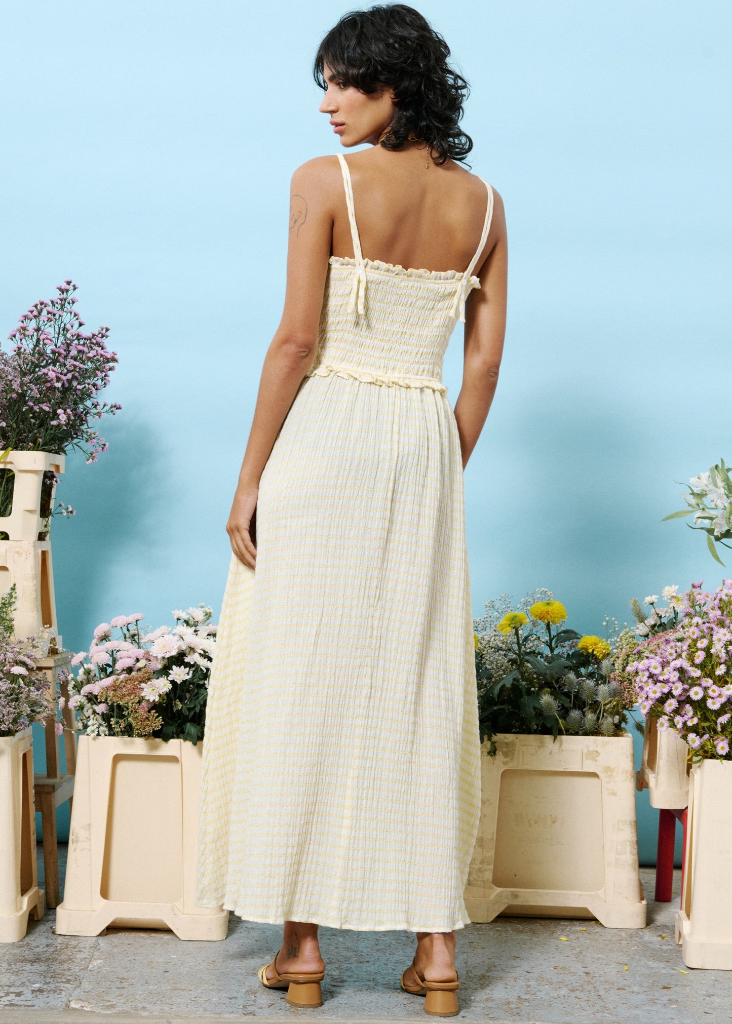 FRNCH MARIANNE BUTTER YELLOW DRESS – A MAXI CHECKERED DRESS WITH A SMOCKED BODICE AND SUNNY CHARM