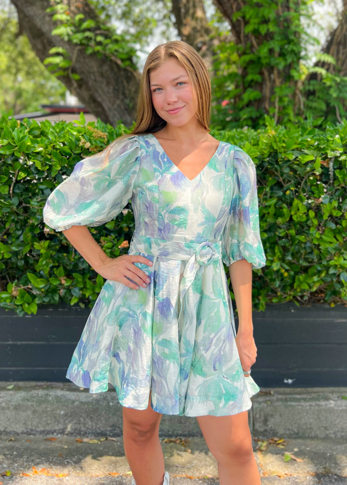 LUCY PARIS ALEXIS BELTED MINI DRESS – PUFF SLEEVES &amp; WATERCOLOR CHARM