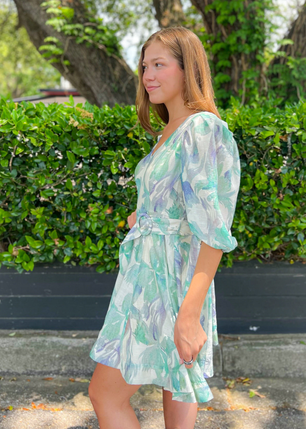 LUCY PARIS ALEXIS BELTED MINI DRESS – PUFF SLEEVES & WATERCOLOR CHARM BRUNCH KENTUCKY DERBY