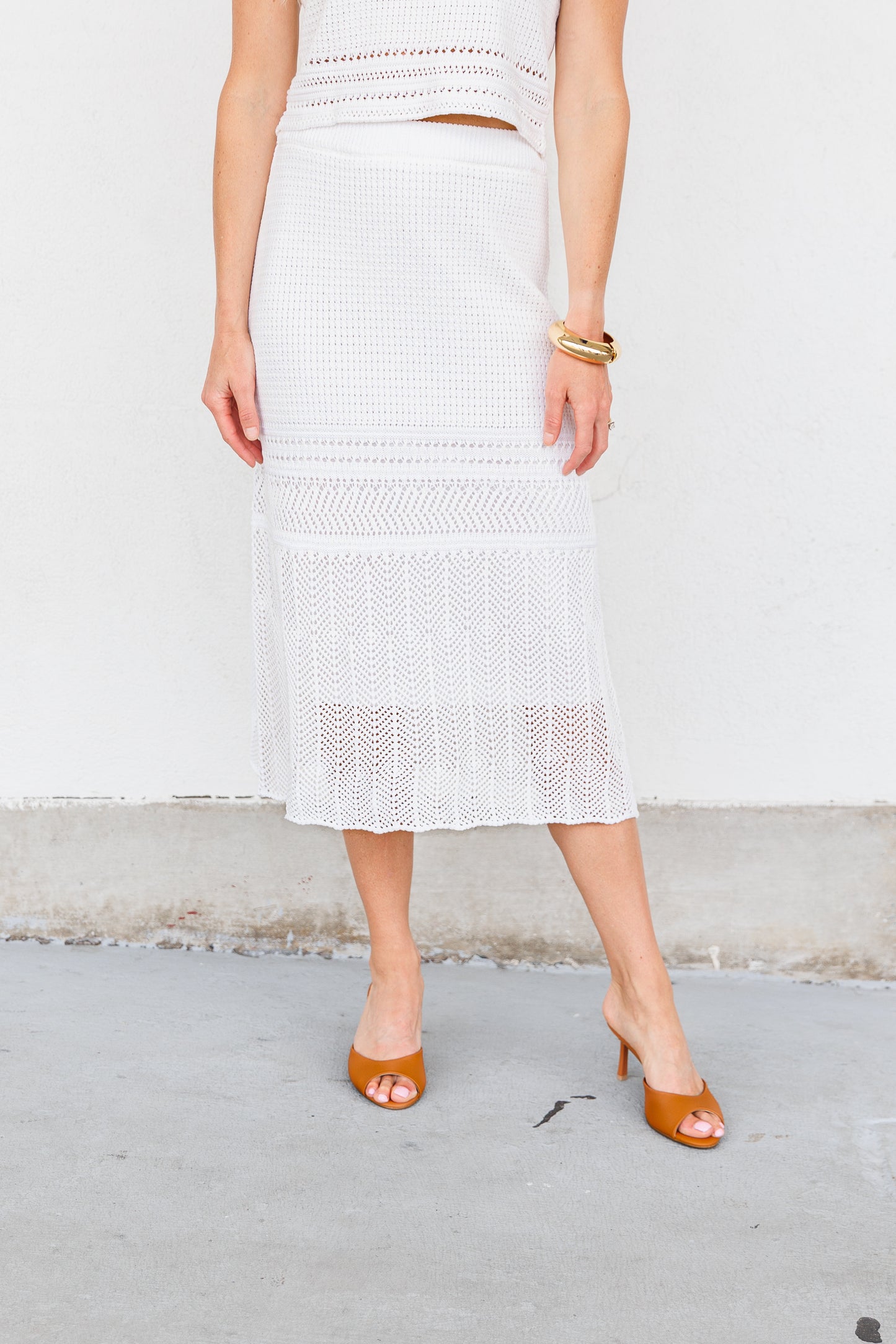 LUCY PARIS BRYSON CROCHET SKIRT – AN IVORY CROCHET MIDI WITH EFFORTLESS SLIP-ON STYLE AND VACATION VIBES