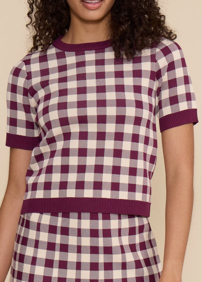 Gingham Short Sleeve Knit Top
