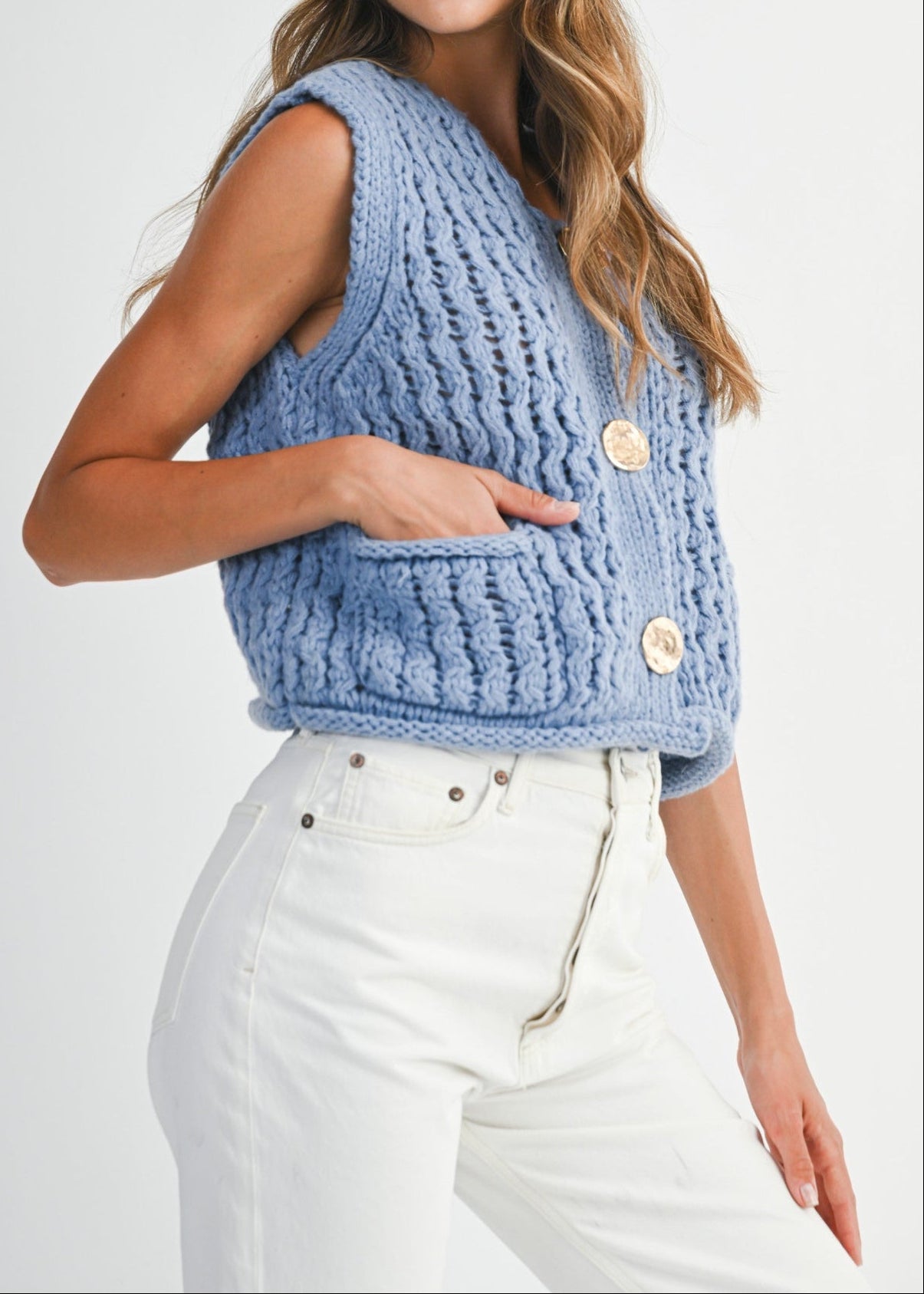 MABLE CHUNKY OPENWORK KNIT GOLD BUTTON DOWN VEST