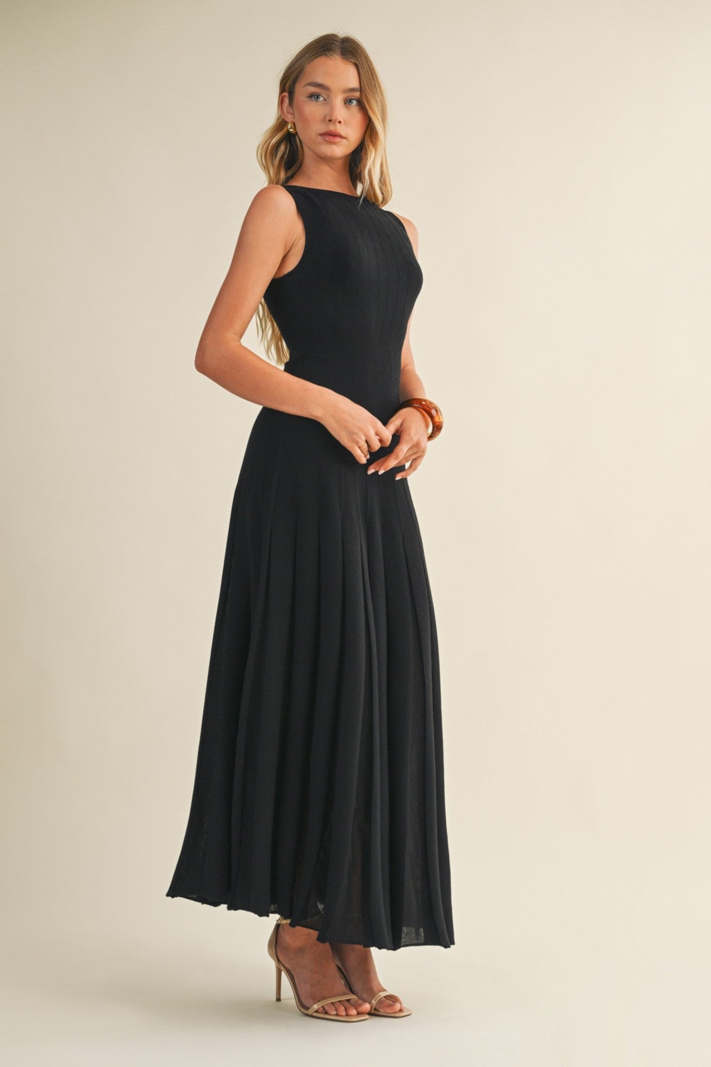 MUSTARD SEED SLEEVELESS FLARE BLACK MIDI DRESS