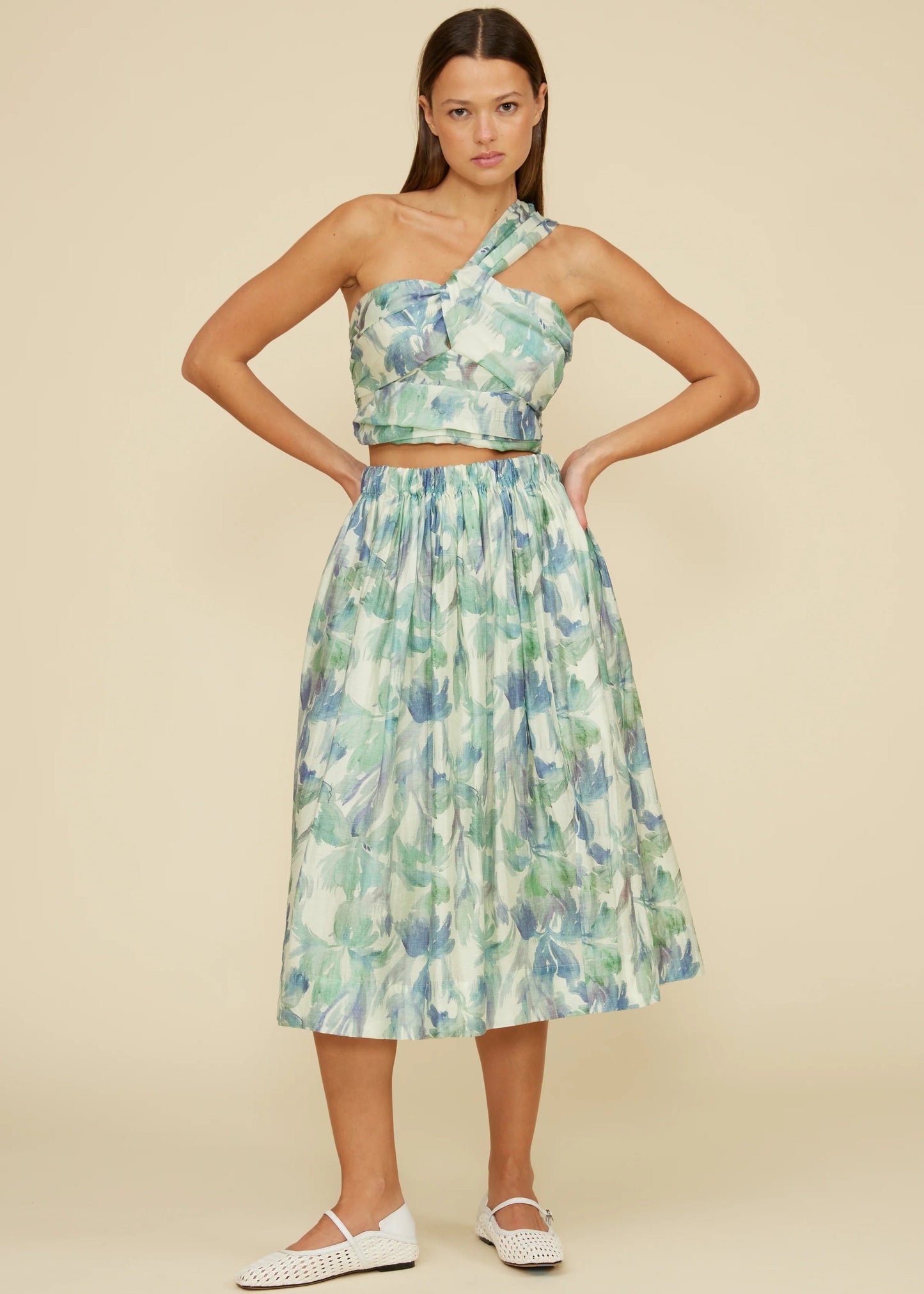 LUCY PARIS MIDI SKIRT – TURQUOISE FLORAL PRINT WITH A FLOWY MIDI SILHOUETTE