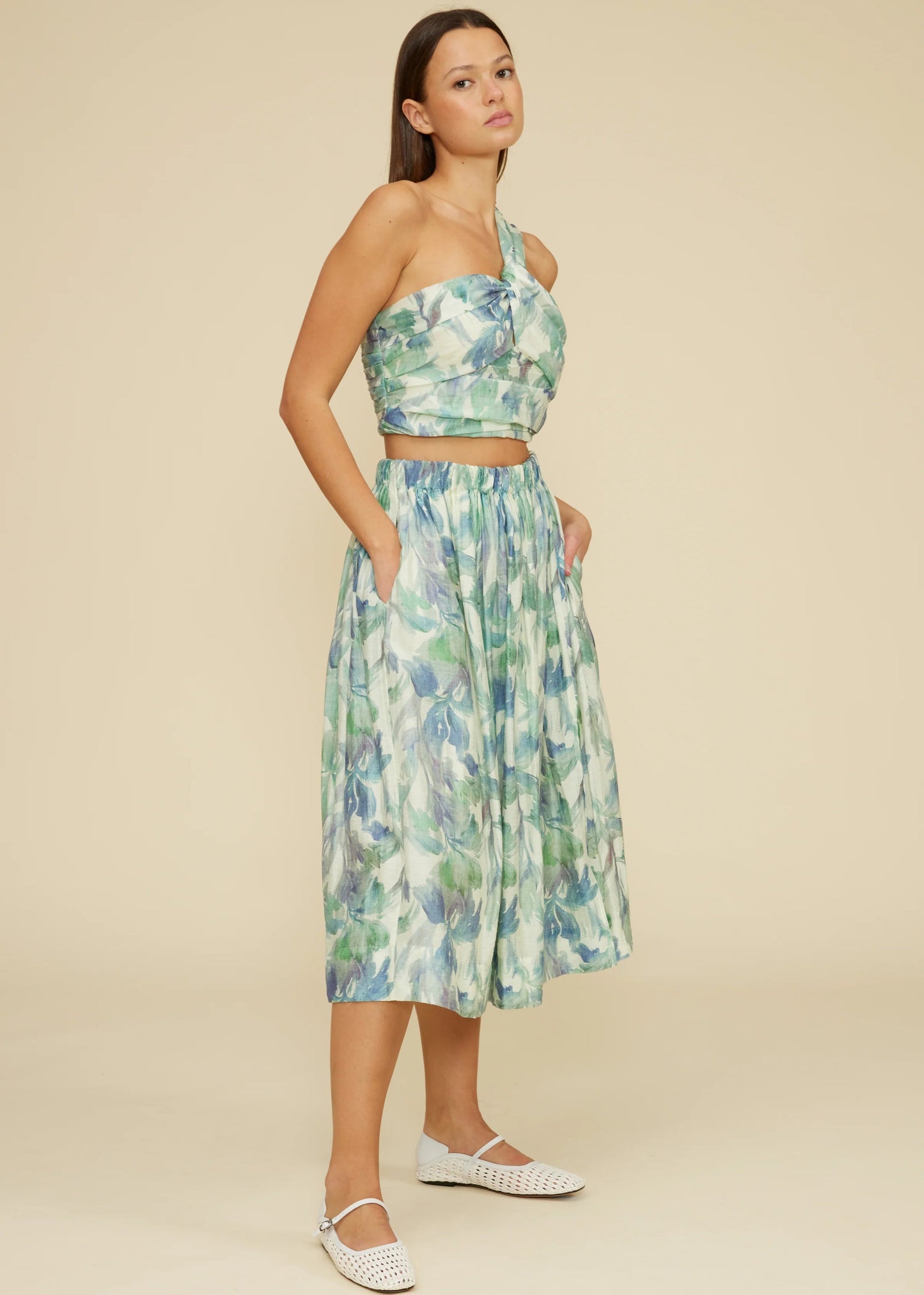 LUCY PARIS MIDI SKIRT – TURQUOISE FLORAL PRINT WITH A FLOWY MIDI SILHOUETTE BRUNCH