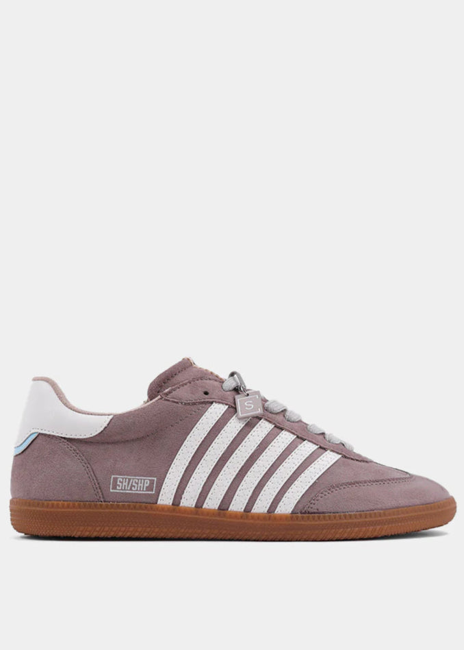 SHU SHOP STEVIE TAUPE SUEDE SNEAKER – A MODERN TAKE ON VINTAGE STYLE WITH CRISP STRIPES AND GUM SOLE FINISH