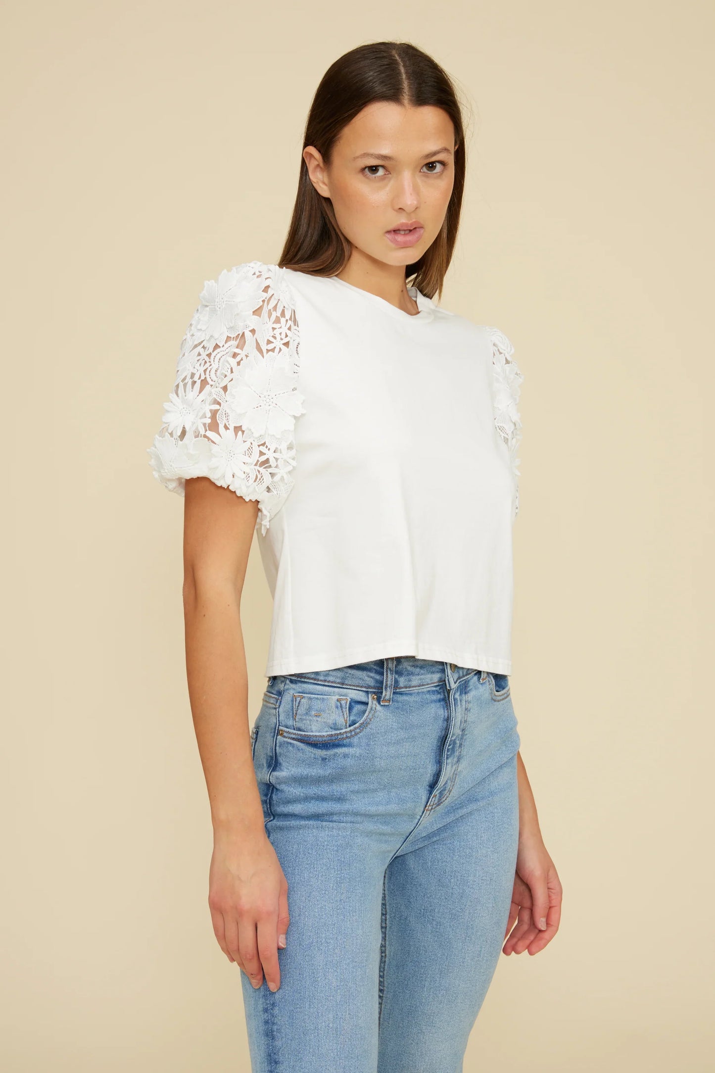 LUCY PARIS WHITE LACE DETAIL PUFF SLEEVE TOP – A FEMININE TOP WITH LUXE LACE DETAILS AND PUFF SLEEVES