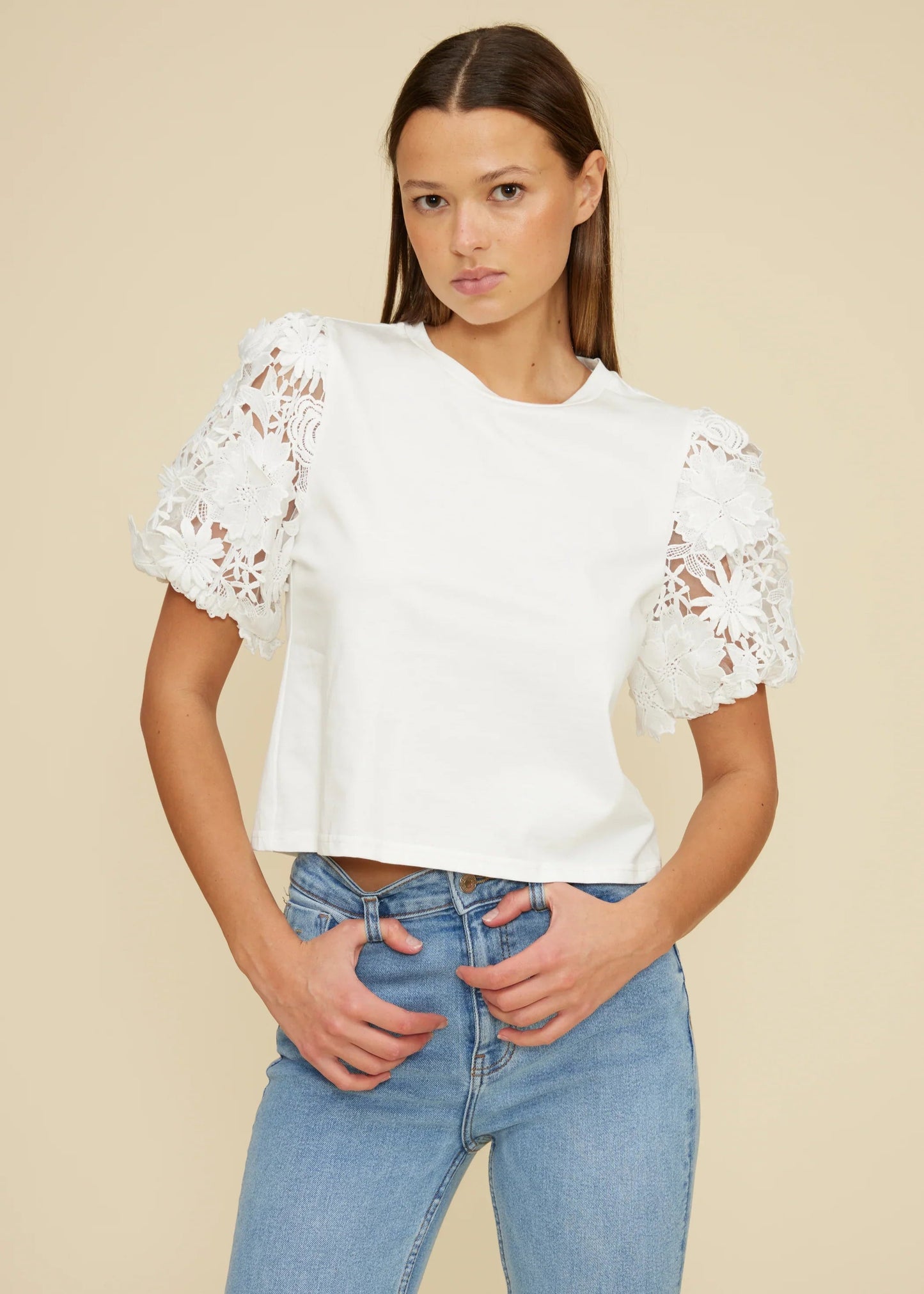 LUCY PARIS WHITE LACE DETAIL PUFF SLEEVE TOP – A FEMININE TOP WITH LUXE LACE DETAILS AND PUFF SLEEVES