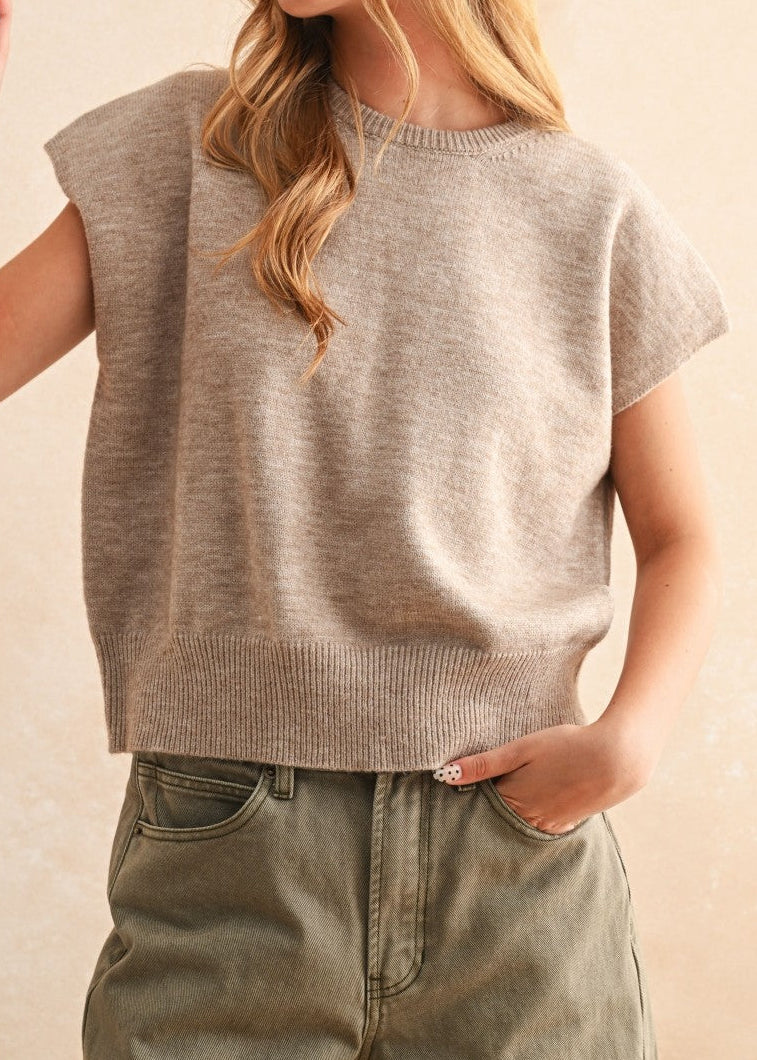 tan Loose Fit Short Sleeve Sweater Top
