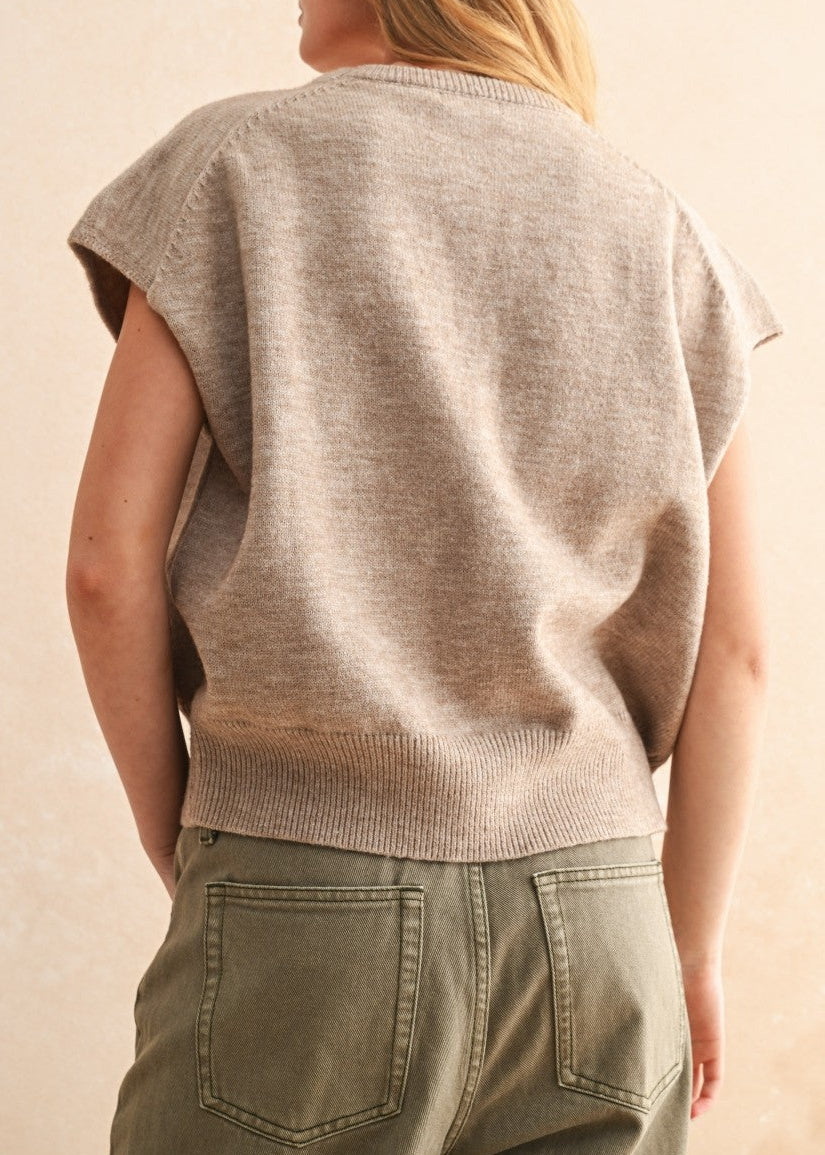 TAN Loose Fit Short Sleeve Sweater Top