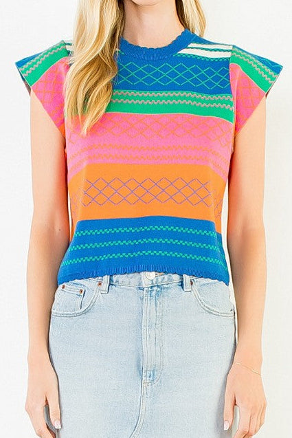 BRIGHT STRIPED PATTERNED FLUTTER-SLEEVE KNIT TOP